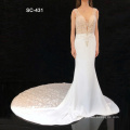 High Quality Custom Made Stunning Tulle & Satin V-Neckline Mermaid Wedding Dresses With Lace Appliques and beading